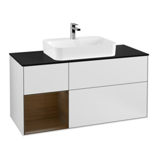 V&B Meuble sous-lavabo Éclairage mural Finion 120 cm, blanc mat, placage noyer, tiroir gauche