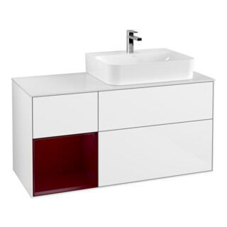 V&B Meuble sous lavabo Éclairage mural Finion 120 cm, placage blanc, tiroir gauche, laque blanche brillante