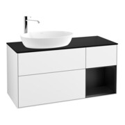 V&B Meuble sous lavabo Éclairage mural Finion 120 cm, placage bois, bleu, blanc brillant