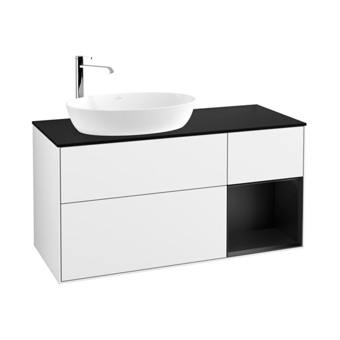 V&B Meuble sous lavabo Éclairage mural Finion 120 cm, placage bois, bleu, blanc brillant