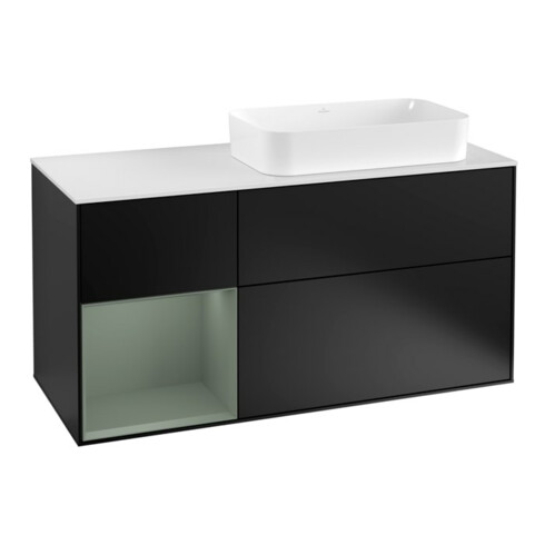 V&B Meuble sous lavabo Éclairage mural Finion 120 cm, placage bois, laqué noir, laqué bleu