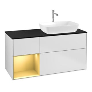 V&B Meuble sous lavabo Éclairage mural Finion 120 cm, placage bois, laqué or, blanc laqué
