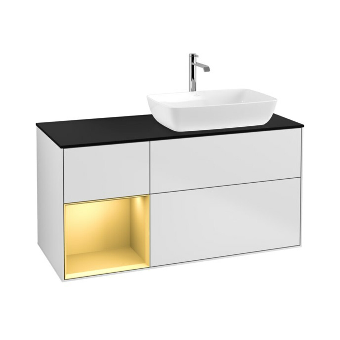 V&B Meuble sous lavabo Éclairage mural Finion 120 cm, placage bois, laqué or, blanc laqué