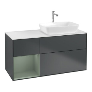 V&B Meuble sous lavabo Éclairage mural Finion 120 cm, placage bois m, laqué gris ol m, laqué bleu m