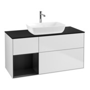 V&B Meuble sous lavabo Éclairage mural Finion 120 cm, placage bois, rangement bleu laqué, blanc laqué