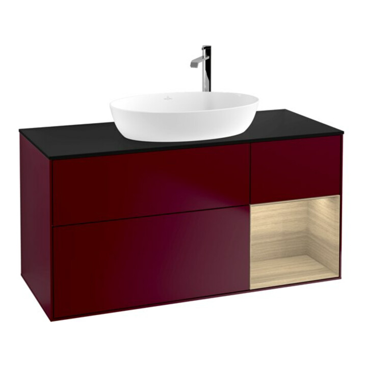 V&B Meuble sous lavabo Éclairage mural Finion 120 cm, plan de toilette bleu, étagère ouverte, poignée métal