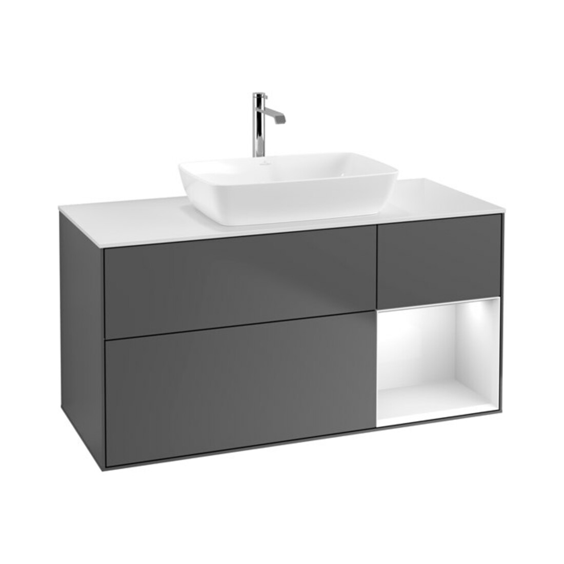 V&B Meuble sous lavabo Éclairage mural Finion 120 cm, Plaque blanche mat, Revêtement gris blanc laqué, Anthracite m