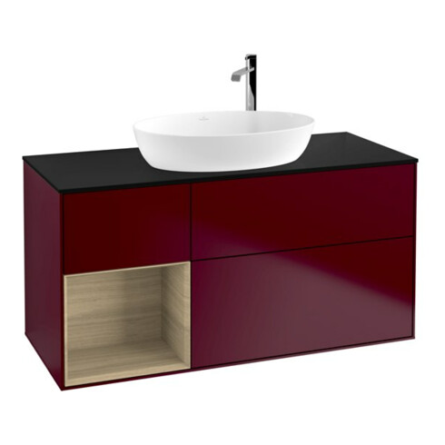 V&B Meuble sous-lavabo Éclairage mural Finion 120 cm, Plaque de vidage bleue, Étagère ouverte, Pieds métalliques