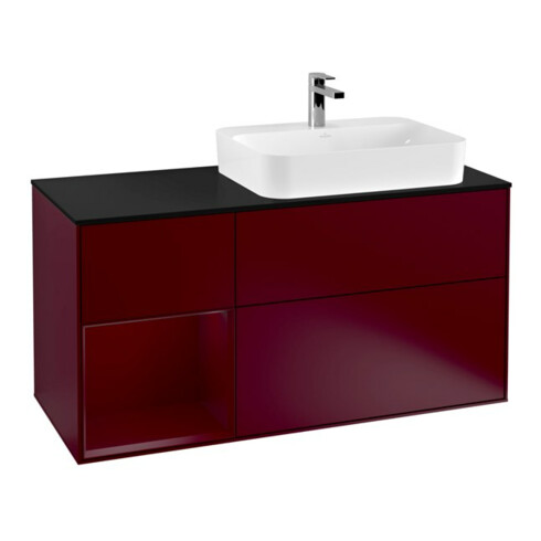 V&B Meuble sous lavabo Éclairage mural Finion 120 cm, porte-abattant bleu m, étagère gauche Peo, Peo m