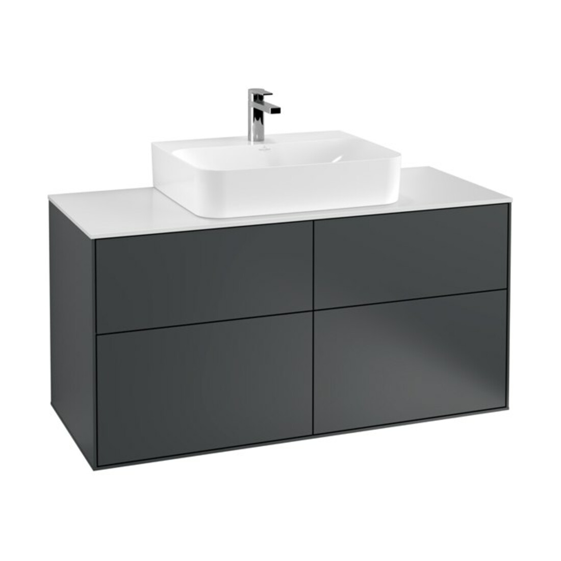 V&B Meuble sous lavabo Éclairage mural Finion 120x60,3 cm, plan de couv. blanc, miroir bleu avec laque