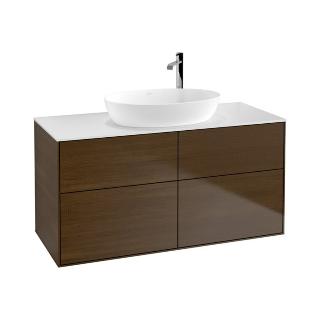 V&B Meuble sous lavabo Éclairage mural Finion 120x60,3cm, plaque abattante blanche, placage noyer