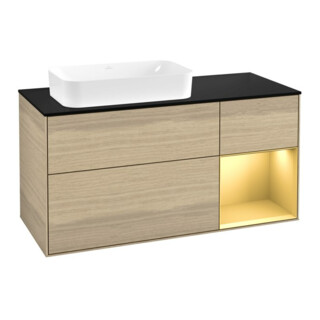 V&B Meuble sous-lavabo Éclairage mural Finion 120x60 cm, tiroir droit or mat, placage chêne