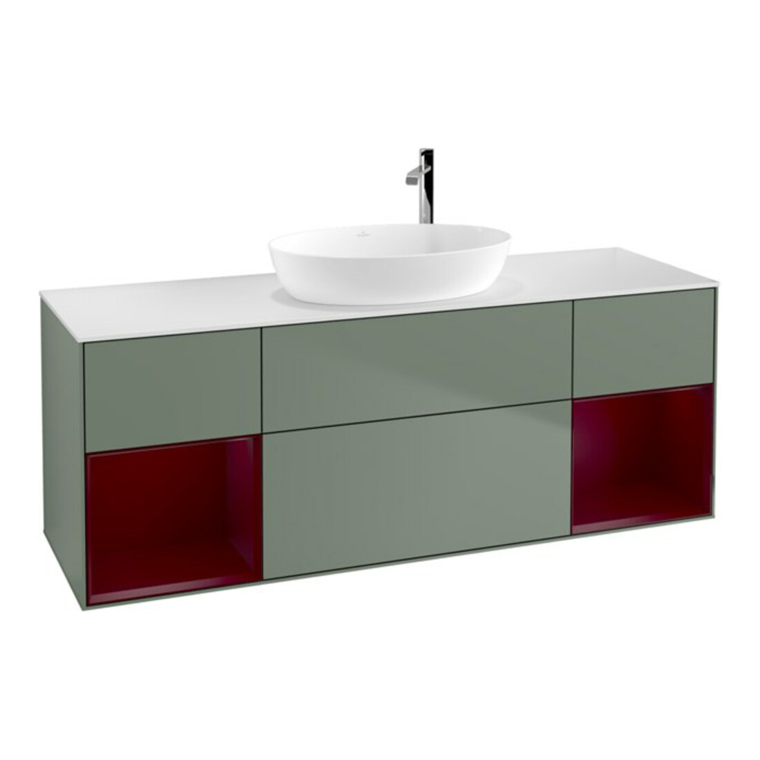 V&B Meuble sous-lavabo Éclairage mural Finion 160 cm, blanc mat, rangement Peo mat laqué, olivier mat laqué
