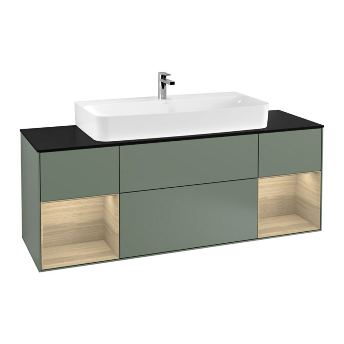 V&B Meuble sous lavabo Éclairage mural Finion 160 cm, bleu pâle, étagère ouverte, huile et laque