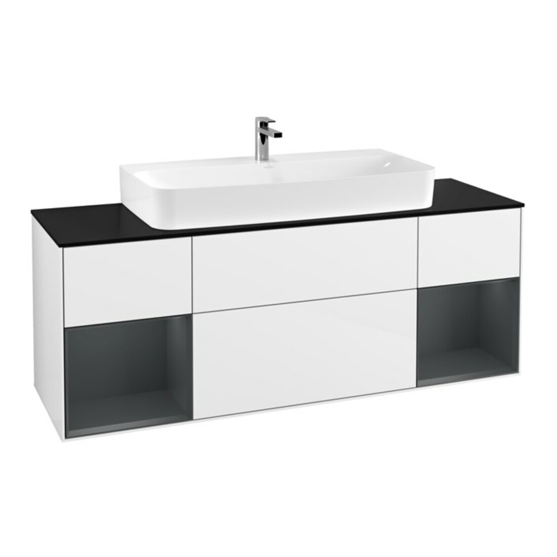 V&B Meuble sous lavabo Éclairage mural Finion 160 cm, Pl b m, Reg md m Lac, blanc brillant Lac