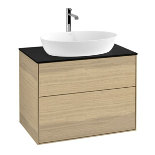 V&B Meuble sous lavabo Éclairage mural Finion 80x60,3cm, Plaque abd. bleu mat, Placage chêne