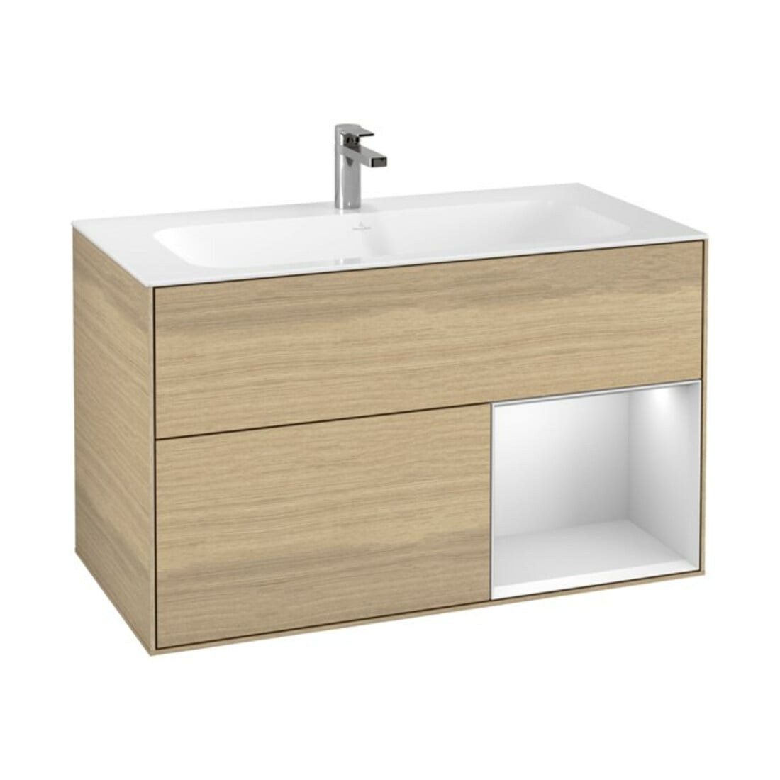 V&B Meuble sous lavabo Éclairage mural Finion 99,6x59,1cm, Reg re blanc m Lac, Oa Placage