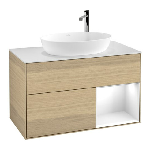 V&B Meuble sous lavabo Finion 100, blanc, avec éclairage mural, miroir blanc, laqué, Oa ven