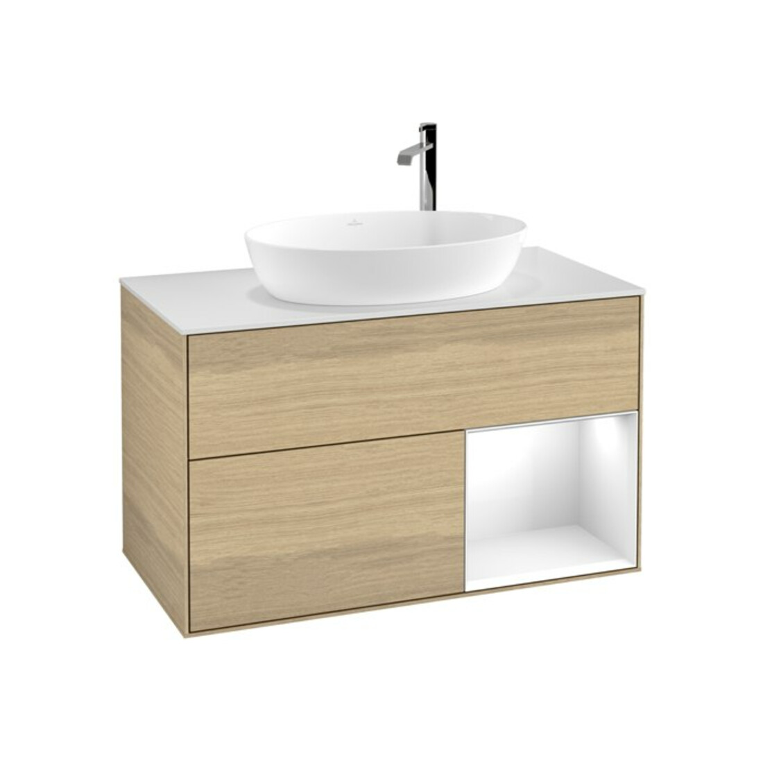 V&B Meuble sous lavabo Finion 100, blanc, avec éclairage mural, miroir blanc, laqué, Oa ven