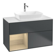V&B Meuble sous-lavabo Finion 100, blanc, avec éclairage mural, régulateur Oa ven, avec miroir laqué bleu