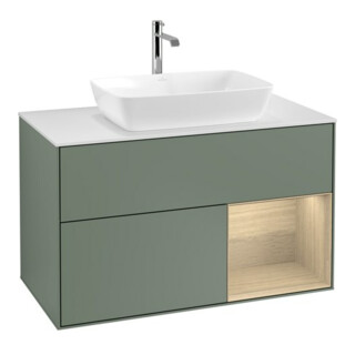 V&B Meuble sous lavabo Finion 100, blanc, avec éclairage mural, régulateur Oa ven, huile avec laque
