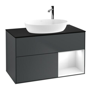 V&B Meuble sous lavabo Finion 100, blanc brillant, avec façade bleu mat lacquer