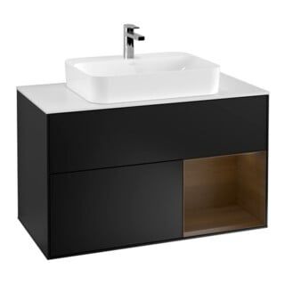 V&B Meuble sous lavabo Finion 100, blanc brillant, éclairage mural, réglette droite, bois noyer, bleu mat laqué