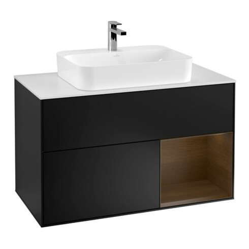 V&B Meuble sous lavabo Finion 100, blanc brillant, éclairage mural, réglette droite, bois noyer, bleu mat laqué