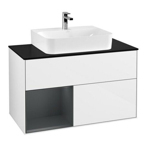 V&B Meuble sous-lavabo Finion 100, blanc brillant, laqué, gauche, largeur moyenne