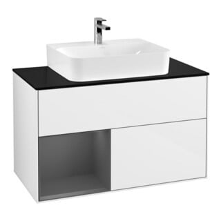 V&B Meuble sous-lavabo Finion 100, blanc brillant, placage bois, ouverture à gauche