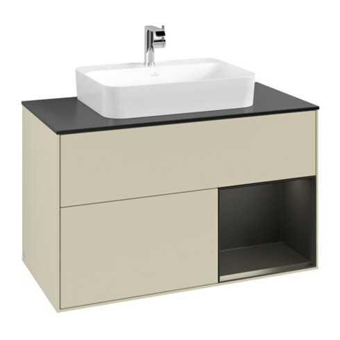 V&B Meuble sous lavabo Finion 100, blanc brillant, poignée rouge brillant, gris brillant