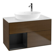 V&B Meuble sous lavabo Finion 100, blanc brillant, porte bleue avec laque, placage noyer