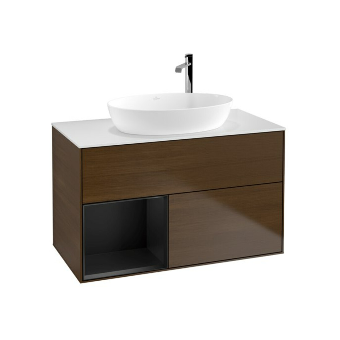 V&B Meuble sous lavabo Finion 100, blanc brillant, porte bleue avec laque, placage noyer