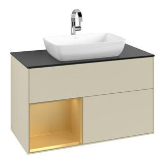 V&B Meuble sous lavabo Finion 100, blanc brillant, rangement doré mat, poignée argent mat