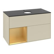 V&B Meuble sous lavabo Finion 100, blanc brillant, rangement doré mat, poignée argent mat-3