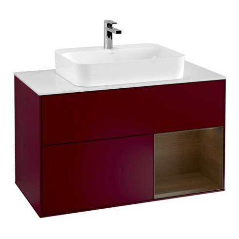 V&B Meuble sous lavabo Finion 100, blanc, éclairage mural, tiroir à droite, poignée métal Peo