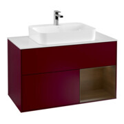 V&B Meuble sous lavabo Finion 100, blanc, éclairage mural, tiroir à droite, poignée métal Peo