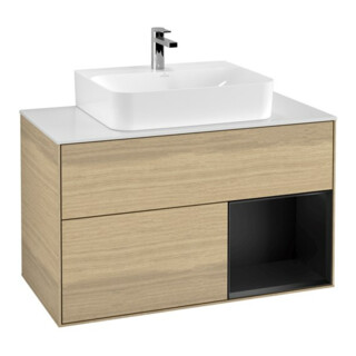 V&B Meuble sous lavabo Finion 100, blanc, éclairage mural, tiroir droite, bleu, laqué, Oa ven