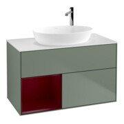 V&B Meuble sous-lavabo Finion 100, blanc mat, avec éclairage mural, tiroirs vernis, poignée vernie