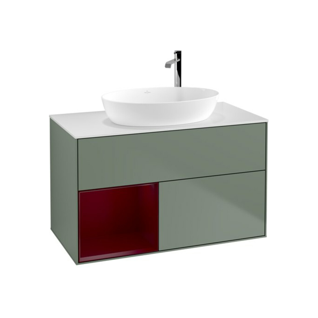 V&B Meuble sous-lavabo Finion 100, blanc mat, avec éclairage mural, tiroirs vernis, poignée vernie