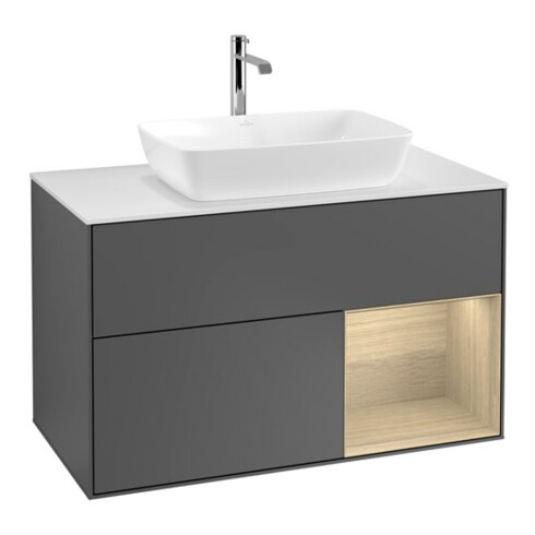V&B Meuble sous lavabo Finion 100, blanc mat, avec étagère, anthracite mat
