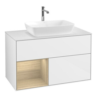 V&B Meuble sous lavabo Finion 100, blanc mat, avec étagère, blanc brillant laqué