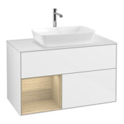 V&B Meuble sous lavabo Finion 100, blanc mat, avec étagère, blanc brillant laqué