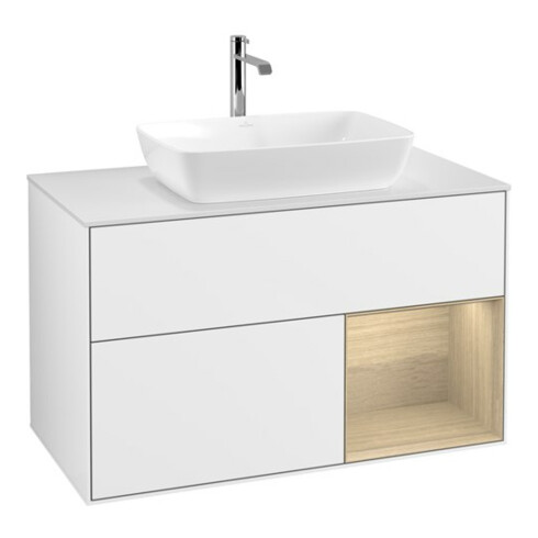 V&B Meuble sous lavabo Finion 100, blanc mat, avec étagère, blanc brillant laqué