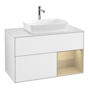 V&B Meuble sous lavabo Finion 100, blanc mat, avec étagère, blanc brillant laqué