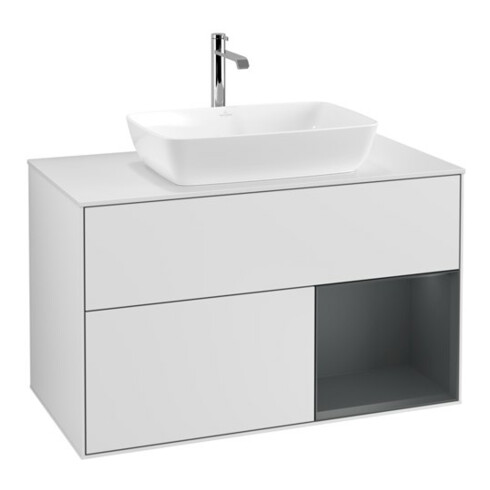 V&B Meuble sous lavabo Finion 100, blanc mat, avec étagère médiane laquée blanche
