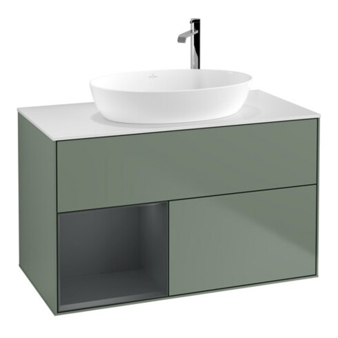 V&B Meuble sous lavabo Finion 100, blanc mat, avec étagère médiane laquée, poignée laquée
