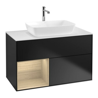V&B Meuble sous lavabo Finion 100, blanc mat, avec étagère ouverte, bleu mat laqué