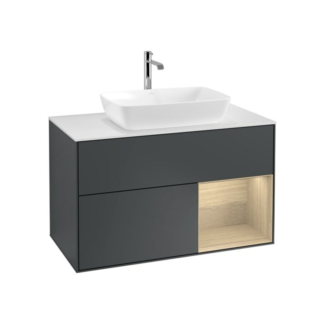 V&B Meuble sous lavabo Finion 100, blanc mat, avec étagère ouverte, poignée bleue mat laquée