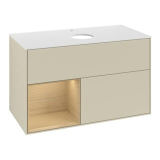 V&B Meuble sous lavabo Finion 100, blanc mat, avec étagère, poignée argent mat laquée